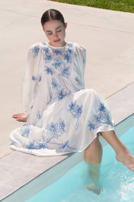 Shruti Sancheti White Muslin Embroidery Round Neck Midi Dress Online at Aza Fashions Shruti Sancheti_White Muslin Embroidery Round Neck Midi Dress _Online_at_Aza_Fashions