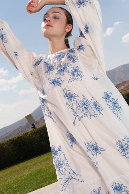 Buy Shruti Sancheti White Muslin Embroidery Round Neck Midi Dress Online at Aza Fashions Buy_Shruti Sancheti_White Muslin Embroidery Round Neck Midi Dress _Online_at_Aza_Fashions