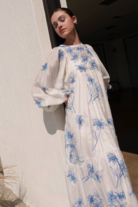 Shop Shruti Sancheti White Muslin Embroidery Round Neck Midi Dress Online at Aza Fashions Shop_Shruti Sancheti_White Muslin Embroidery Round Neck Midi Dress _Online_at_Aza_Fashions