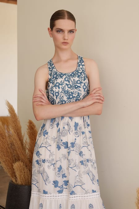 Shop_Shruti Sancheti_White Muslin Embroidery Round Neck Maxi Dress _at_Aza_Fashions