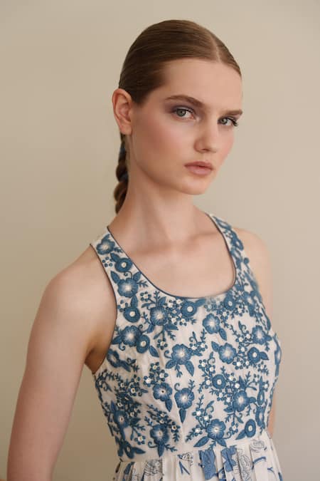 Shruti Sancheti_White Muslin Embroidery Round Neck Maxi Dress _Online_at_Aza_Fashions