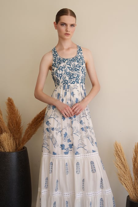 Buy_Shruti Sancheti_White Muslin Embroidery Round Neck Maxi Dress _Online_at_Aza_Fashions