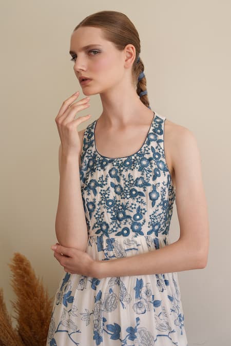 Shop_Shruti Sancheti_White Muslin Embroidery Round Neck Maxi Dress _Online_at_Aza_Fashions