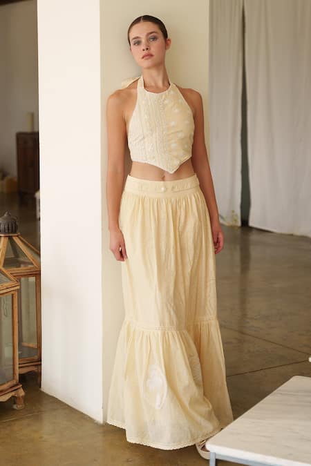 Shruti Sancheti Yellow Muslin, Cotton Embroidery Halter Neck Crop Top And Skirt Set Online at Aza Fashions Shruti Sancheti_Yellow Muslin, Cotton Embroidery Halter Neck Crop Top And Skirt Set _Online_at_Aza_Fashions