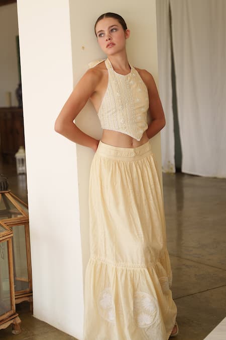 Buy Shruti Sancheti Yellow Muslin, Cotton Embroidery Halter Neck Crop Top And Skirt Set Online at Aza Fashions Buy_Shruti Sancheti_Yellow Muslin, Cotton Embroidery Halter Neck Crop Top And Skirt Set _Online_at_Aza_Fashions