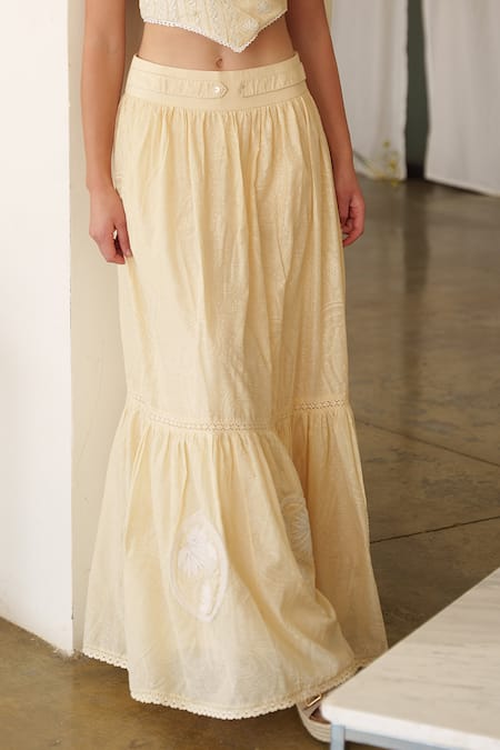 Shruti Sancheti Yellow Muslin, Cotton Embroidery Halter Neck Crop Top And Skirt Set at Aza Fashions Shruti Sancheti_Yellow Muslin, Cotton Embroidery Halter Neck Crop Top And Skirt Set _at_Aza_Fashions