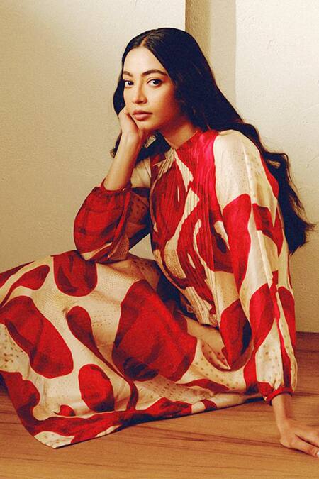 Buy_Kavya Singh Kundu_Beige Round Neck Floral Handwoven Mulberry Silk Midi Dress _Online_at_Aza_Fashions