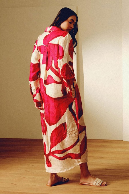 Kavya Singh Kundu Beige & Red Handwoven Silk Midi Dress 