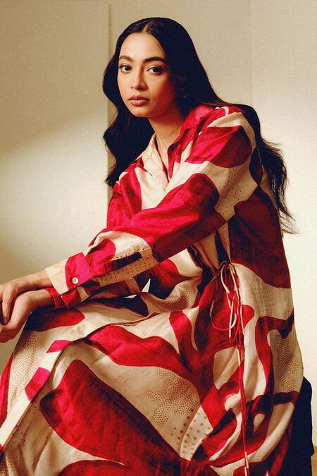 Buy_Kavya Singh Kundu_Beige Collared And Red Handwoven Silk Midi Dress _Online_at_Aza_Fashions