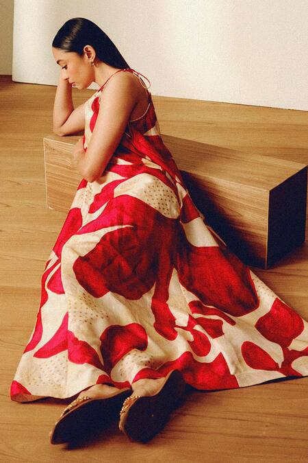 Buy_Kavya Singh Kundu_Beige V-neck Handwoven Mulberry Silk Maxi Dress _Online_at_Aza_Fashions