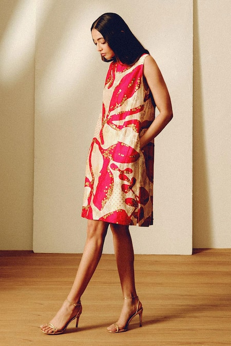 Kavya Singh Kundu_Beige Round Neck Designer Tamali Dress _Online_at_Aza_Fashions