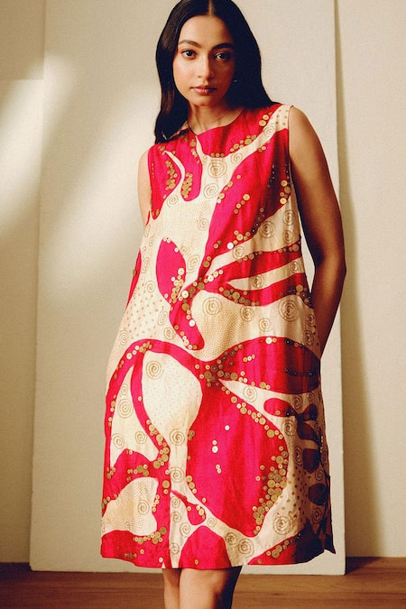 Buy_Kavya Singh Kundu_Beige Round Neck Designer Tamali Dress _Online_at_Aza_Fashions