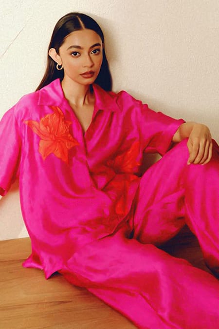 Buy Kavya Singh Kundu Pink Embroidery Collared Handwoven Mulberry Silk Mono Set Online at Aza Fashions Buy_Kavya Singh Kundu_Pink Embroidery Collared Handwoven Mulberry Silk Mono Set _Online_at_Aza_Fashions