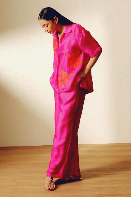 Shop Kavya Singh Kundu Pink Embroidery Collared Handwoven Mulberry Silk Mono Set Online at Aza Fashions Shop_Kavya Singh Kundu_Pink Embroidery Collared Handwoven Mulberry Silk Mono Set _Online_at_Aza_Fashions