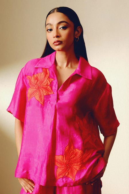 Buy Kavya Singh Kundu Pink Embroidery Collared Handwoven Mulberry Silk Mono Set Buy_Kavya Singh Kundu_Pink Embroidery Collared Handwoven Mulberry Silk Mono Set