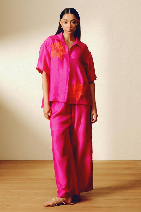 Kavya Singh Kundu_Pink Embroidery Collared Handwoven Mulberry Silk Mono Shirt _Online_at_Aza_Fashions