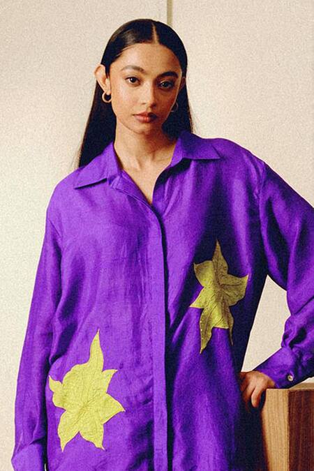 Kavya Singh Kundu_Purple Applique Collared Handwoven Silk Remy Shirt And Shorts Set _Online_at_Aza_Fashions