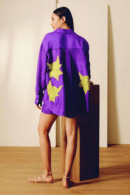 Shop_Kavya Singh Kundu_Purple Applique Collared Handwoven Silk Remy Shirt And Shorts Set 