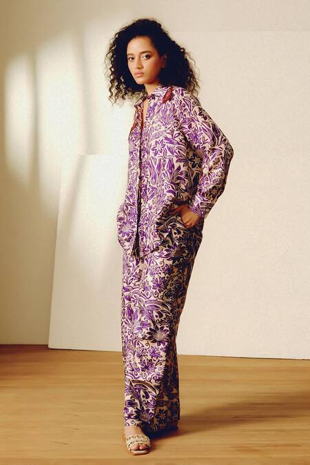 Kavya Singh Kundu_Purple Embroidery Collared Floral Print Handwoven Silk Pant Set _Online_at_Aza_Fashions