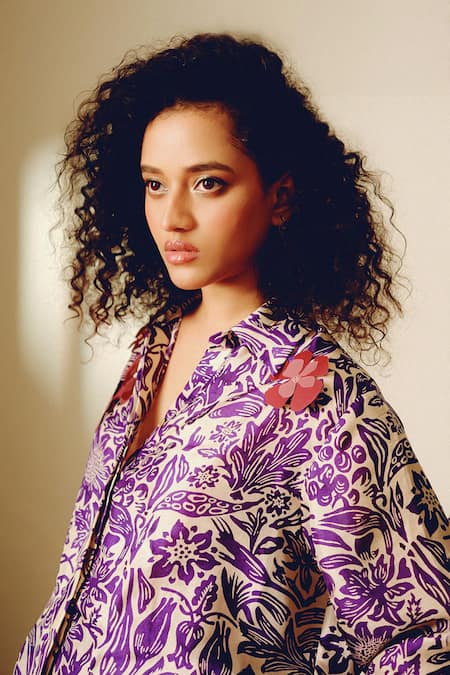 Shop_Kavya Singh Kundu_Purple Embroidery Collared Floral Print Handwoven Silk Pant Set 