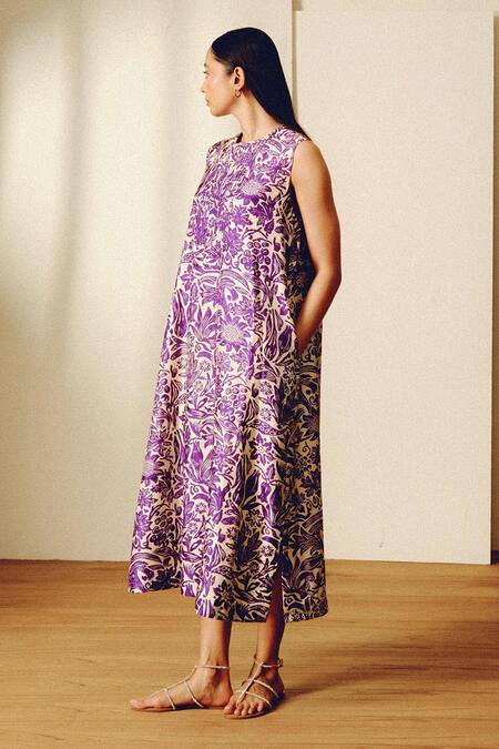 Kavya Singh Kundu Purple Round Neck Handwoven Mulberry Silk Midi Dress Online at Aza Fashions Kavya Singh Kundu_Purple Round Neck Handwoven Mulberry Silk Midi Dress _Online_at_Aza_Fashions