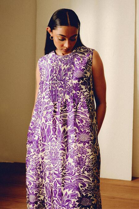 Buy Kavya Singh Kundu Purple Round Neck Handwoven Mulberry Silk Midi Dress Online at Aza Fashions Buy_Kavya Singh Kundu_Purple Round Neck Handwoven Mulberry Silk Midi Dress _Online_at_Aza_Fashions