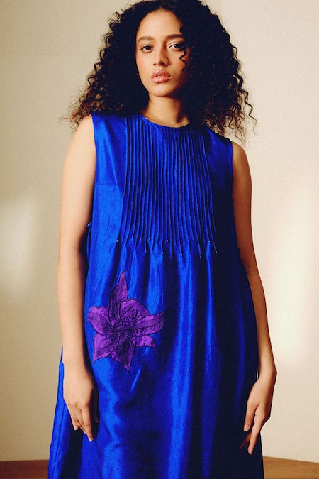 Shop Kavya Singh Kundu Blue Embroidery High Neck Handwoven Mulberry Silk Dress Online at Aza Fashions Shop_Kavya Singh Kundu_Blue Embroidery High Neck Handwoven Mulberry Silk Dress _Online_at_Aza_Fashions