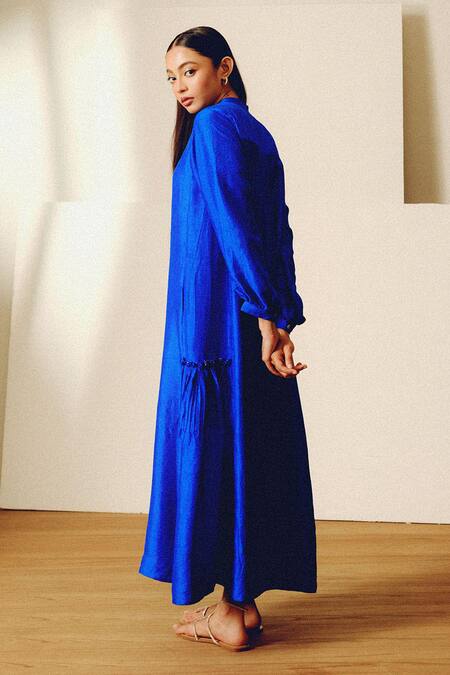 Shop Kavya Singh Kundu Blue Round Neck Handwoven Mulberry Silk Maxi Dress Online at Aza Fashions Shop_Kavya Singh Kundu_Blue Round Neck Handwoven Mulberry Silk Maxi Dress _Online_at_Aza_Fashions