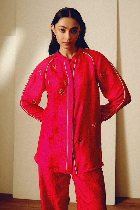 Shop Kavya Singh Kundu Red Embroidery Mandarin Collar Handwoven Silk Pant Set Online at Aza Fashions Shop_Kavya Singh Kundu_Red Embroidery Mandarin Collar Handwoven Silk Pant Set _Online_at_Aza_Fashions