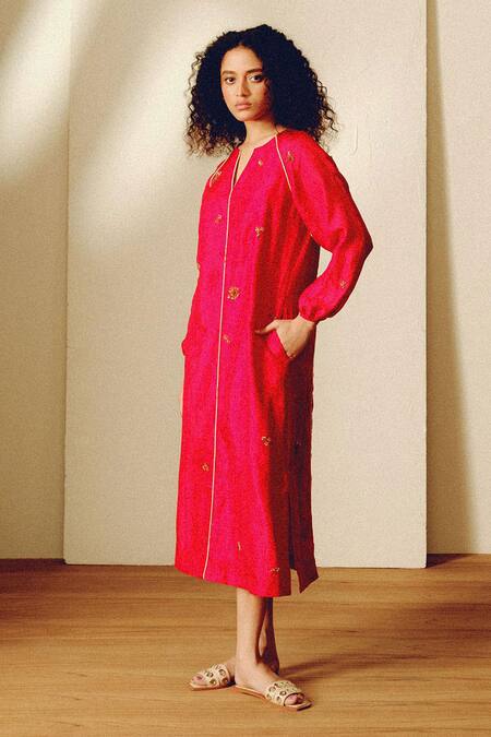 Shop Kavya Singh Kundu Red Embroidery Split V-neck Handwoven Mulberry Silk Anna Dress Online at Aza Fashions Shop_Kavya Singh Kundu_Red Embroidery Split V-neck Handwoven Mulberry Silk Anna Dress _Online_at_Aza_Fashions