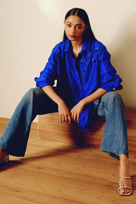 Kavya Singh Kundu Blue Collared Boa Embellished Shirt Online at Aza Fashions Kavya Singh Kundu_Blue Collared Boa Embellished Shirt _Online_at_Aza_Fashions