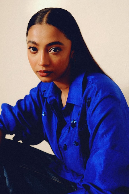 Buy Kavya Singh Kundu Blue Collared Boa Embellished Shirt Online at Aza Fashions Buy_Kavya Singh Kundu_Blue Collared Boa Embellished Shirt _Online_at_Aza_Fashions