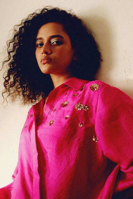 Kavya Singh Kundu_Pink Embroidery Collared Handwoven Mulberry Silk Shirt _Online_at_Aza_Fashions