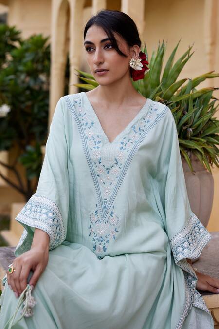 Seher Jaipur_Teal Embroidery V-neck Alia Kaftan Set _Online_at_Aza_Fashions