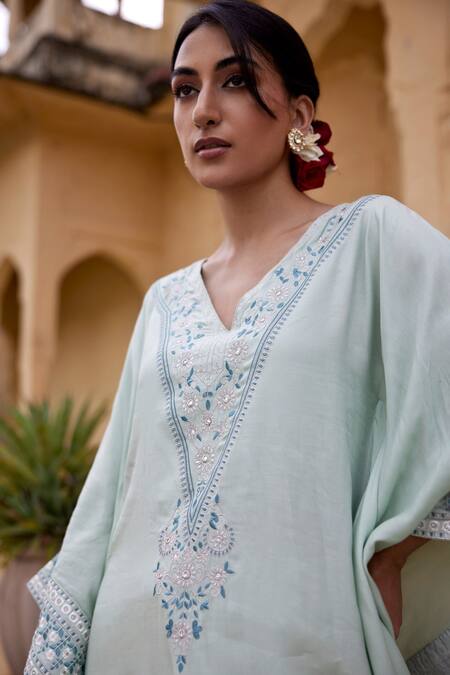 Shop_Seher Jaipur_Teal Embroidery V-neck Alia Kaftan Set _Online_at_Aza_Fashions