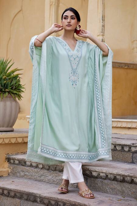 Shop_Seher Jaipur_Teal Embroidery V-neck Alia Kaftan Set 