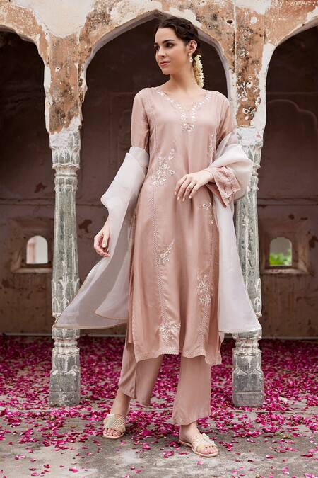 Shop_Seher Jaipur_Pink Embroidery V-neck Mahi Kurta Set 