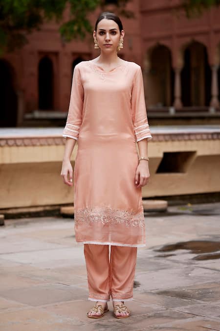 Seher Jaipur_Peach Embroidery Round Neck Inara Kurta Set _Online_at_Aza_Fashions