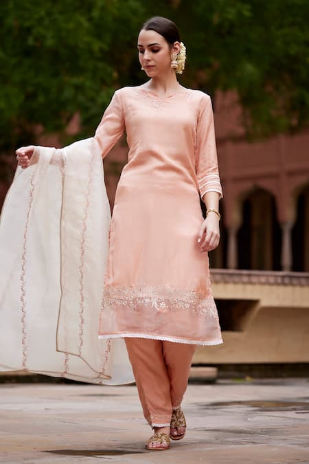 Buy_Seher Jaipur_Peach Embroidery Round Neck Inara Kurta Set _Online_at_Aza_Fashions