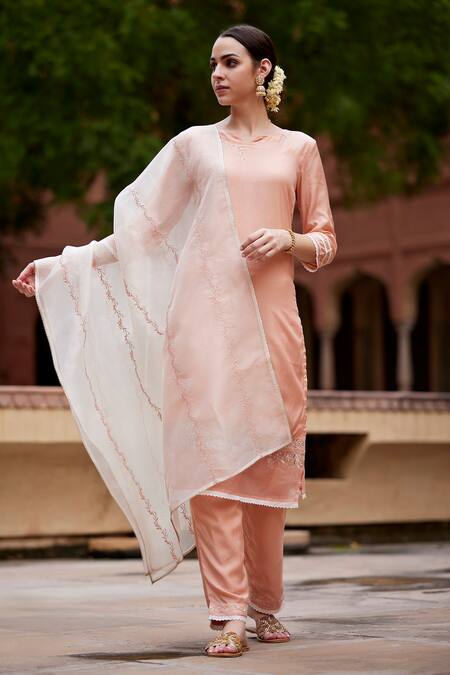 Shop_Seher Jaipur_Peach Embroidery Round Neck Inara Kurta Set _Online_at_Aza_Fashions