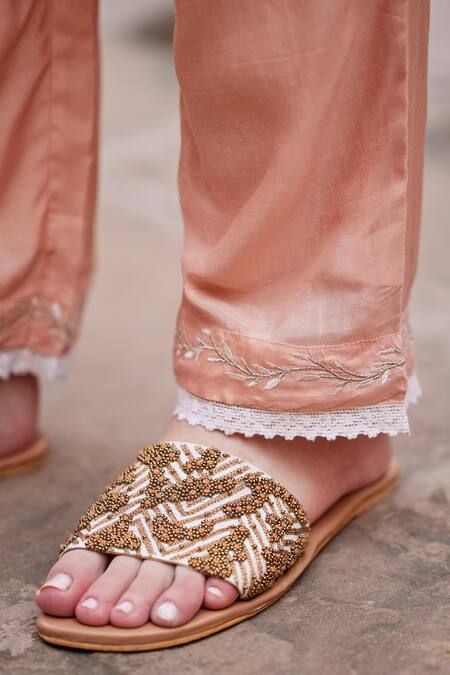 Seher Jaipur_Peach Embroidery Round Neck Inara Kurta Set _at_Aza_Fashions