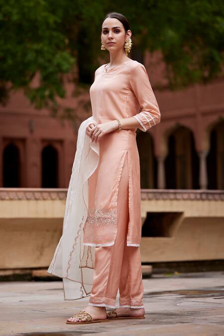 Shop_Seher Jaipur_Peach Embroidery Round Neck Inara Kurta Set 