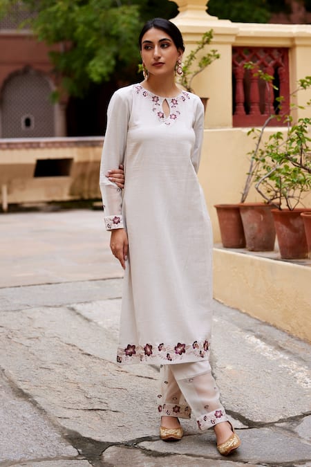 Shop_Seher Jaipur_Off White Embroidery Keyhole Neck Hana Kurta Set 