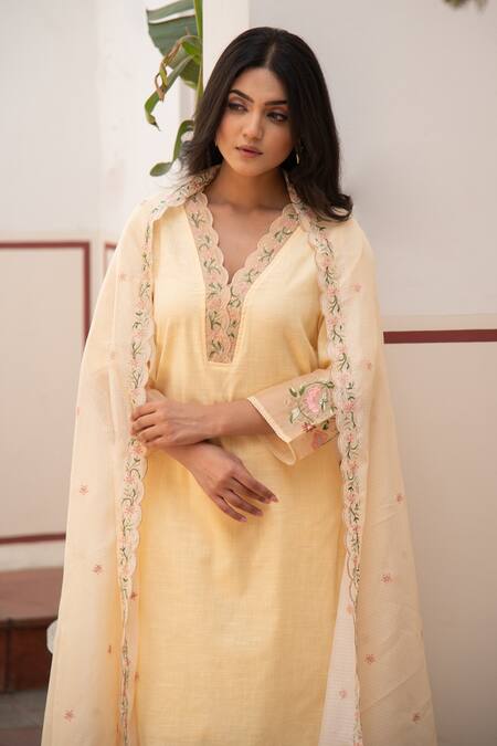 Shop_Seher Jaipur_Yellow Embroidery V-neck Amani Kurta Set _Online_at_Aza_Fashions