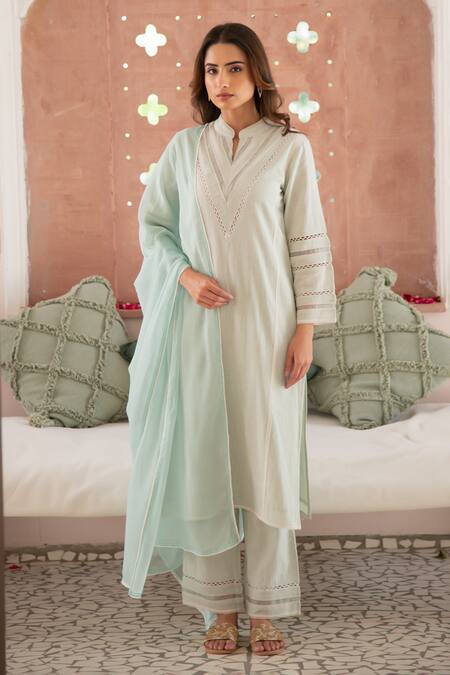 Shop_Seher Jaipur_Mint Embroidery, Lace Mandarin Collar Green Amira Kurta Set 