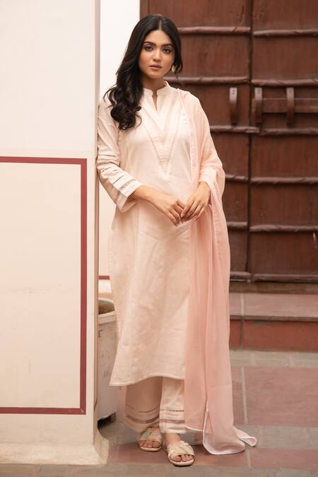 Buy_Seher Jaipur_Pink Mandarin Collar Amira Kurta Set _Online_at_Aza_Fashions