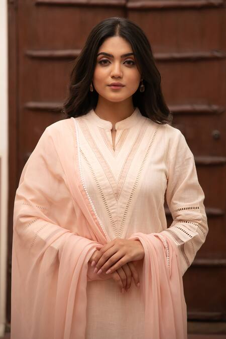 Shop_Seher Jaipur_Pink Mandarin Collar Amira Kurta Set 