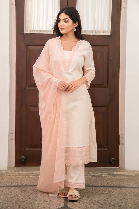 Seher Jaipur_Peach Embroidery Light Naima Kurta Set _at_Aza_Fashions