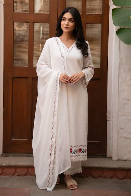 Shop_Seher Jaipur_White Muslin Embroidery V-neck Yasmin Silk Kurta Set 