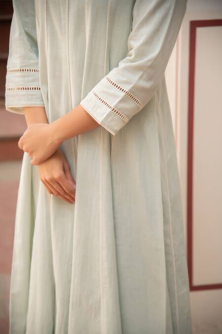 Buy_Seher Jaipur_Mint Embroidery Split V-neck Green Saira Anarkali Set _Online_at_Aza_Fashions